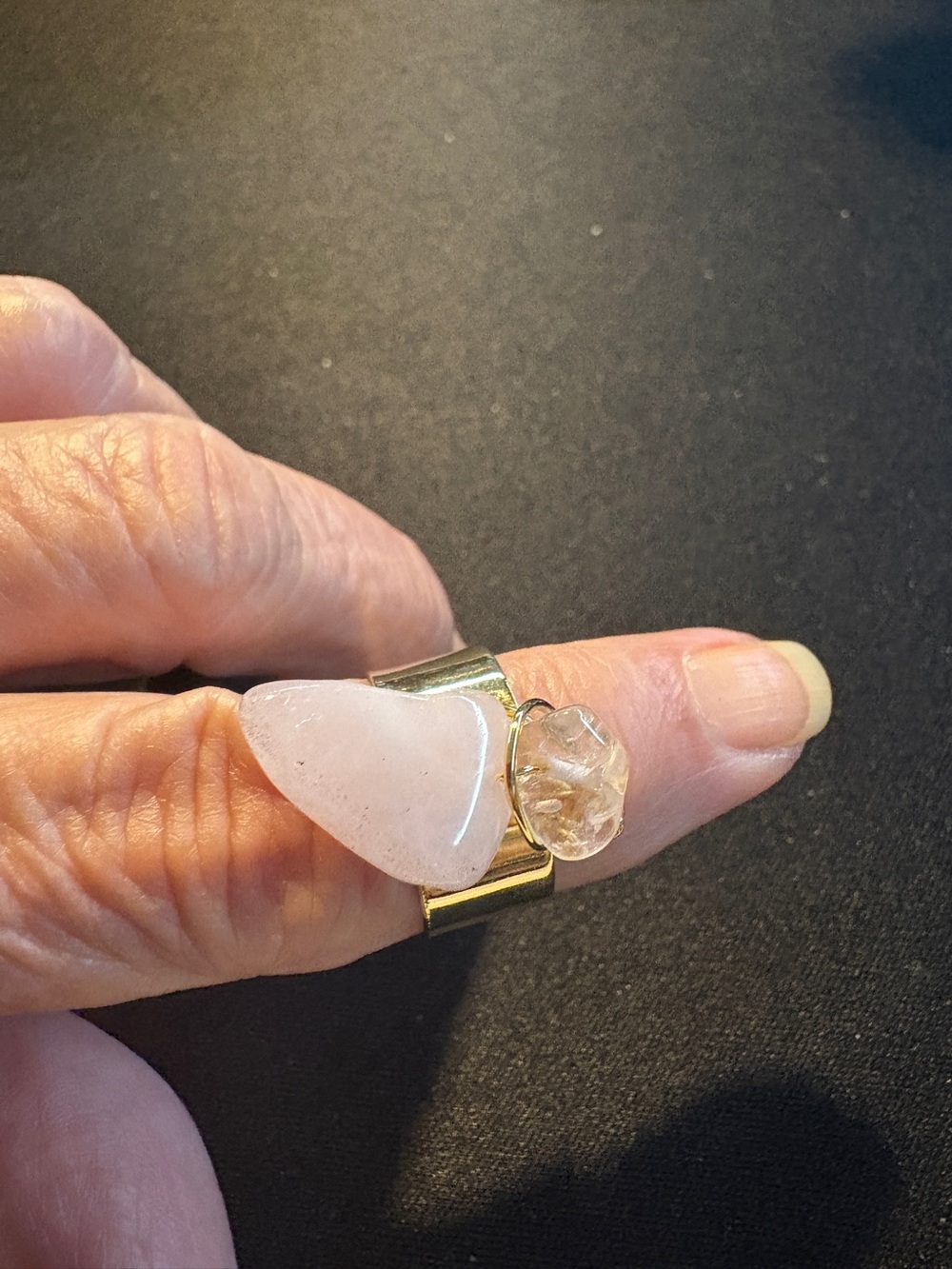 Size 7 Gold Tone Adjustable Ring with Pink Rose Quartz and Clear Crystal